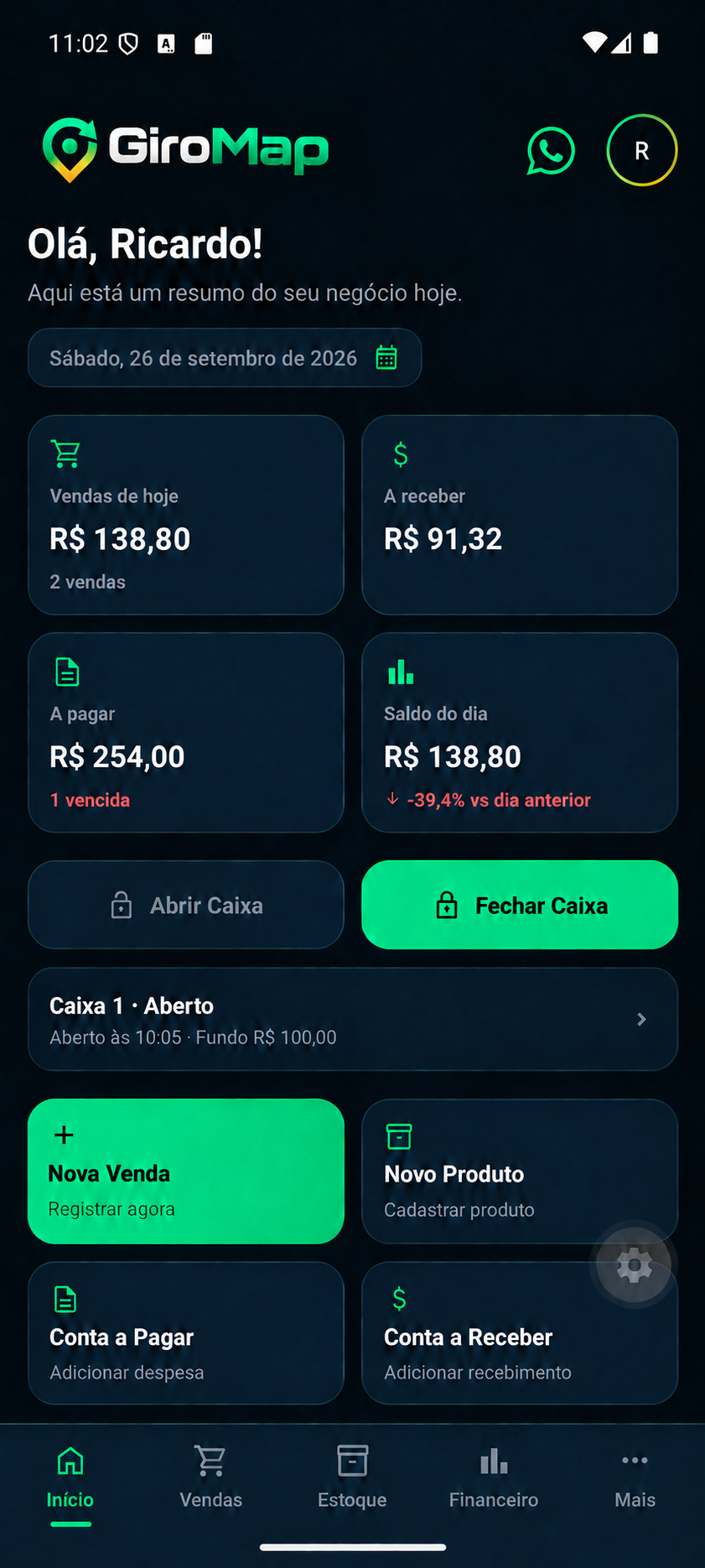 Tela inicial real do GiroMap com a logo, vendas do dia, contas, saldo e caixa